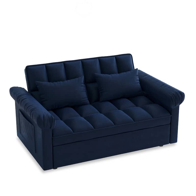 Flannel Sleeper Sofa Bed Loveseat Recliners Couch with Pull-Out Trundle, Adjustable Backrest, Round Arms and Side Pockets