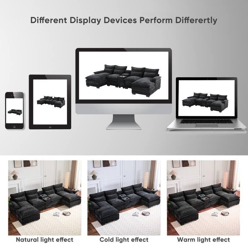 55" Modern U-shaped 6 Seat Sectional Sofa with Console, Cup Holders and USB Charger, Chenille, 5 Colors, Black