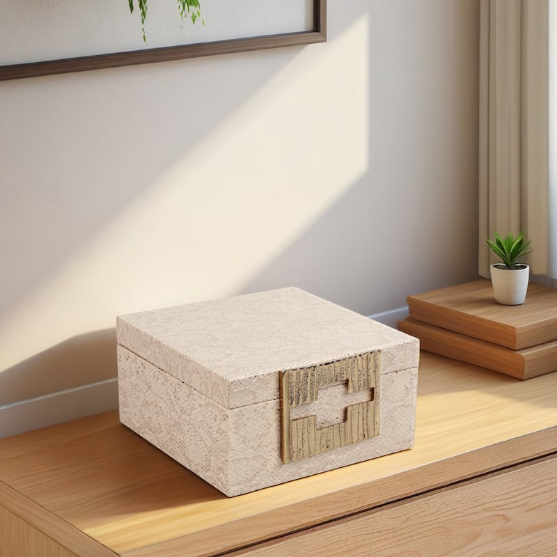 Sagebrook Home Decorative Box Wood MDF Faux Leather with Faux Snakeskin Texture and Gold-Tone Geometric Latch 8" Tan