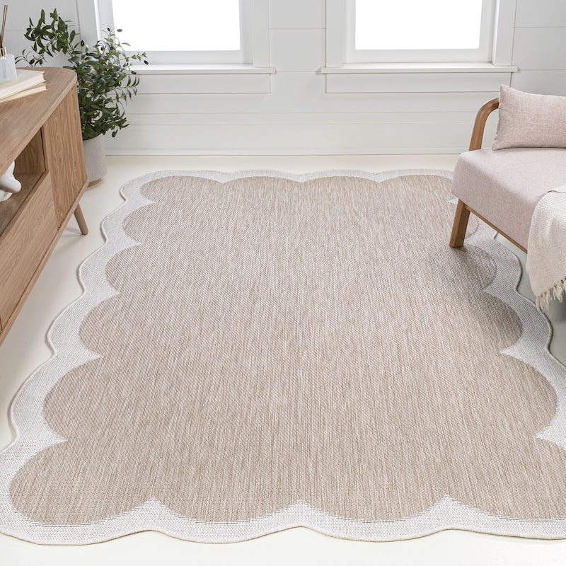JONATHAN Y Alice Classic Cottage Two-Tone Scalloped Indoor/Outdoor Shaped Area Rug - 9' x 12' - Beige/Cream