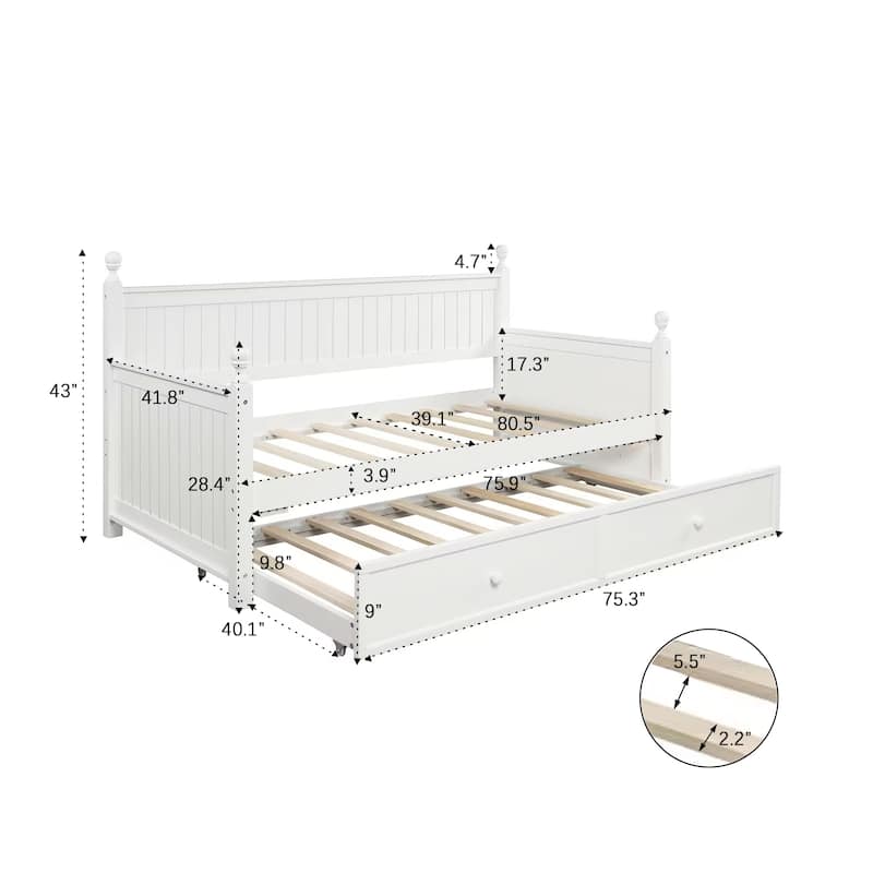 Traditional Daybed Sofa Bed Twin Size Platform Bed with Pull-out Trundle and Solid Pine Frame, White Trundle Bed