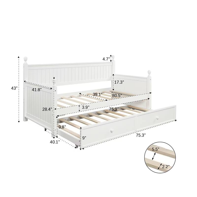 Twin Size White Wood Daybed with Trundle, Space-Saving Dual-Use Bed Frame