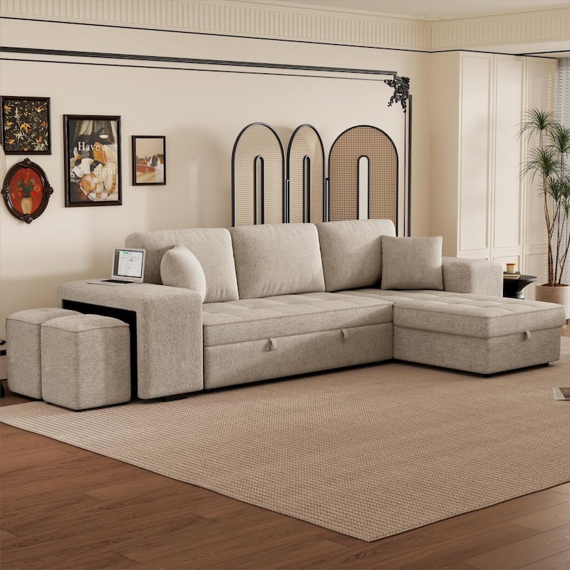 104" Modern L-Shape 3 Seat Reversible Sectional Couch, Pull Out Sleeper Sofa with Storage Chaise and 2 Stools for Living Room Fu - N/A