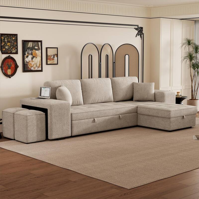 Convertible Sleeper Sectional Sofa, Reversible Sofa with Pull-Out Bed, Storage Chaise & 2 Stools, Linen Upholstered 4 Seat Sofa