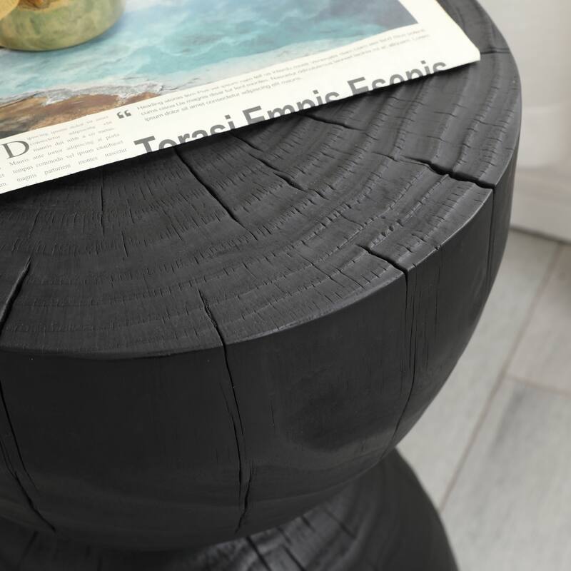 Solid Mango Wood Side End Table in Black, 17.7 inch Round Contemporary Wooden Accent Table, Small Round Plant Stand