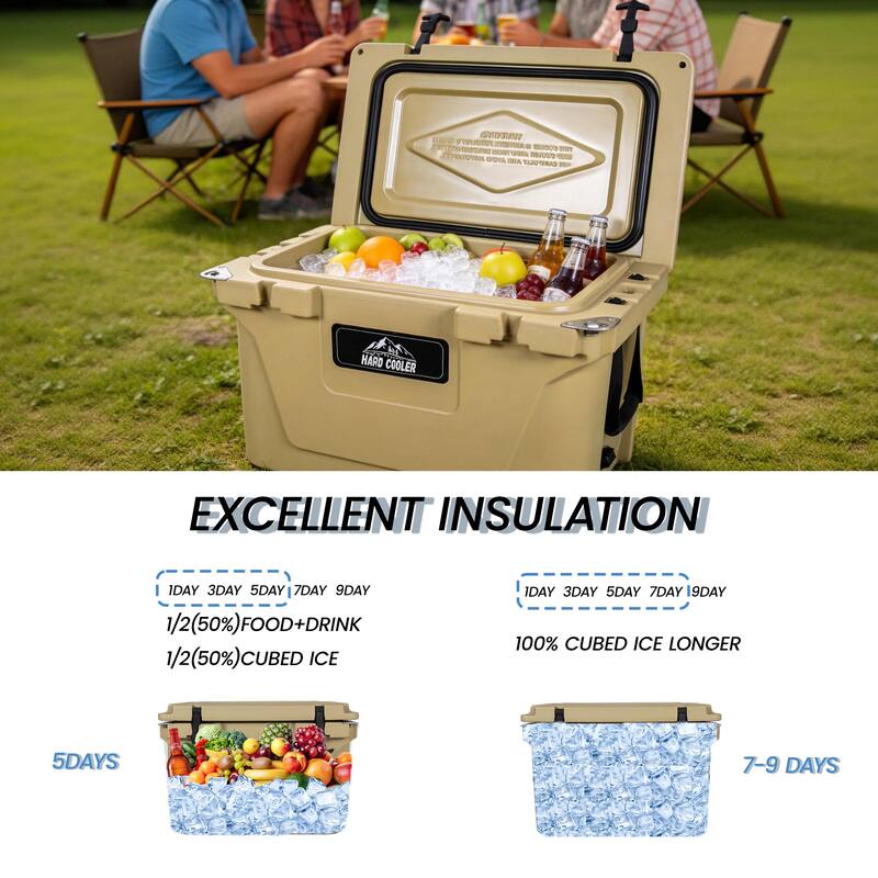 50 Quart Khaki Cooler, Ultra-Light Insulated Ice Chest - Heavy-Duty Hard Shell Cooler with 6-Day Ice Retention