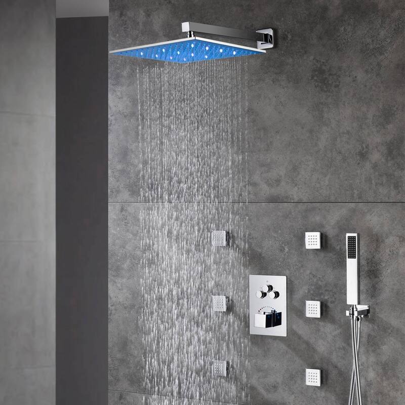 12" LED Wall Rainfall Shower 3 Way Thermostatic Faucet System w/ 6 Body Jets