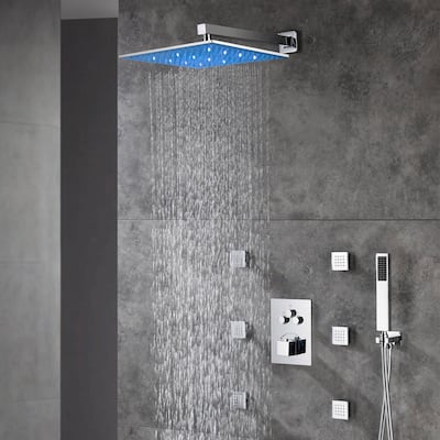 12" LED Wall Rainfall Shower 3 Way Thermostatic Faucet System w/ 6 Body Jets
