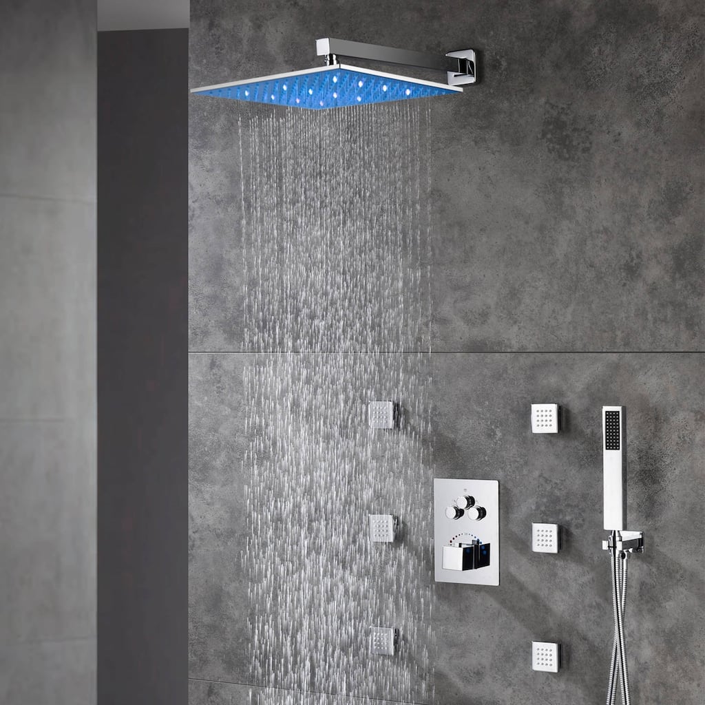 12" LED Wall Rainfall Shower 3 Way Thermostatic Faucet System w/ 6 Body Jets