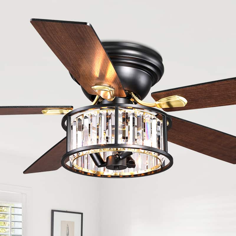 Cusp Barn 52" Farmhouse Flush Mount Crystal Ceiling Fan with Lights and Remote, Black 5 Blades Reversible Chandelier Ceiling Fan