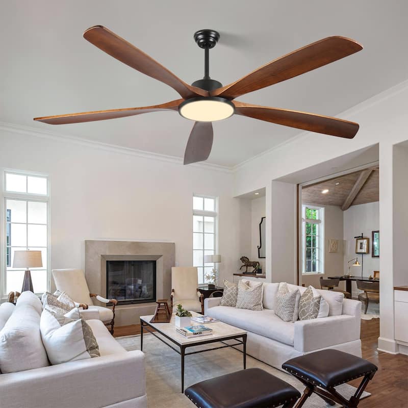 72-inch Large Outdoor Ceiling Fan with Remote Control and Light with Three-Color Dimming, 5 Reversible Wooden Blades