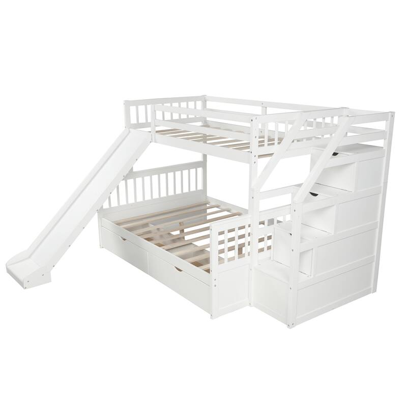 Twin over Full Bunk Bed with Drawers,Storage and Slide, Multifunction
