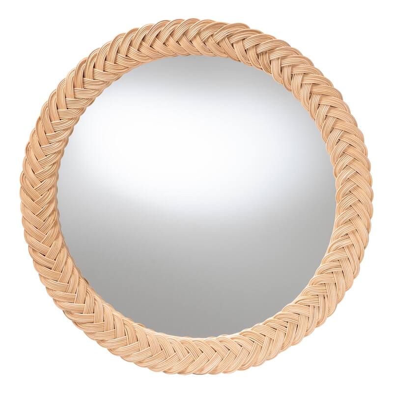 Nara Natural Rattan Wall Mirror - Handwoven Braided Wicker Frame, Coastal Boho Wall Decor for Entryway, Bedroom, or Living Room - Light Honey - Round