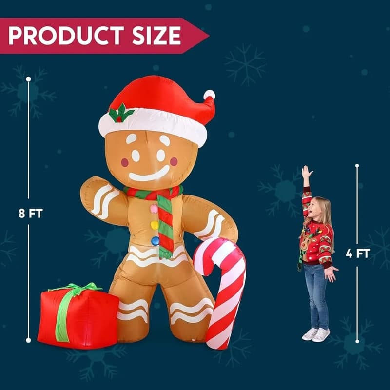 Joyfy 8ft Christmas Inflatable Gingerbread Man with Candy Cane, LED-lit