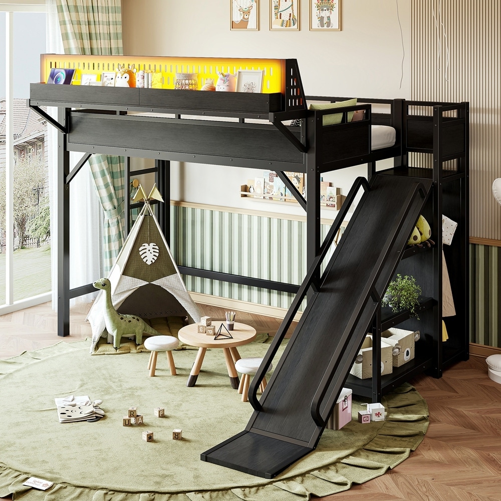 Metal Loft Bed Frame with Slide USB Ports LED Lights and Built in Wardrobe