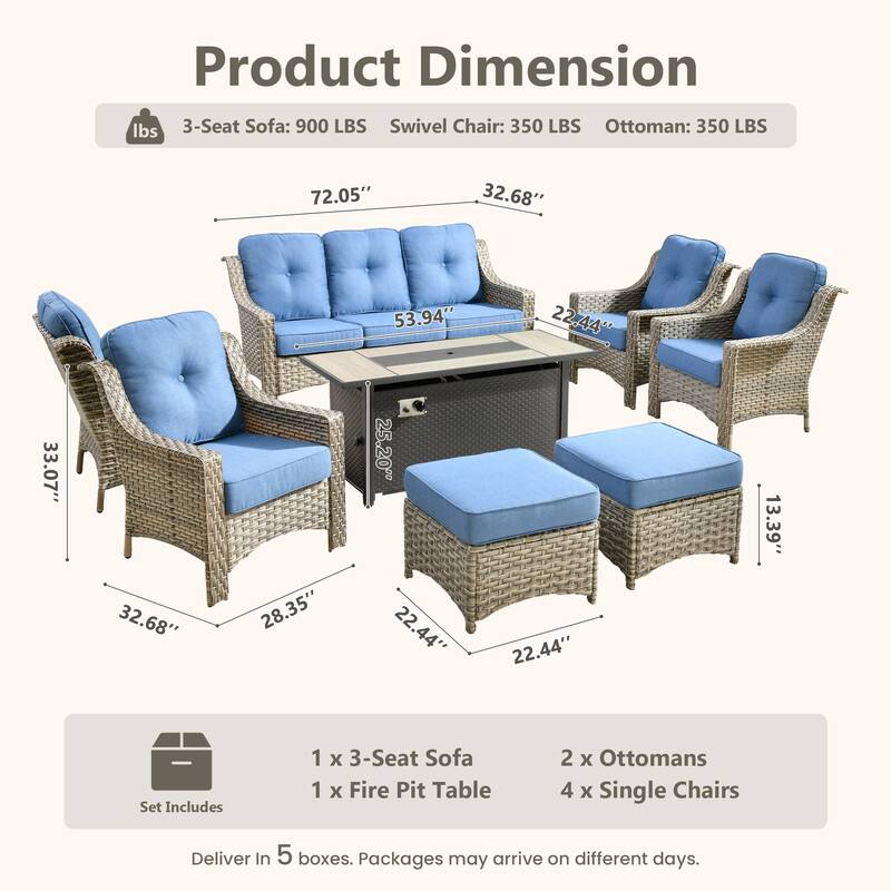 HOOOWOOO 8-piece Wicker Patio Ergonomic Conversation Set with 54" Fire Pit