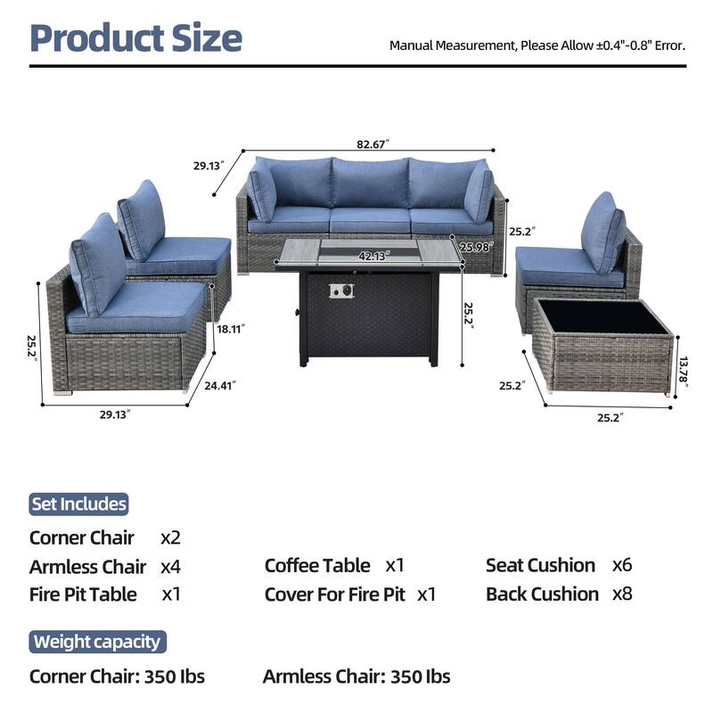 XIZZI 8-piece Patio Wicker Furniture Sectional Set with Firepit