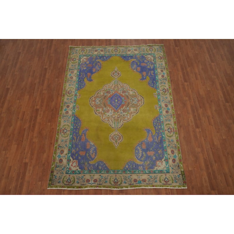 Hand Knotted Oriental 100% Wool Carpet Traditional Floral Green Tabriz Area Rug - 9' 10'' X 6' 11''