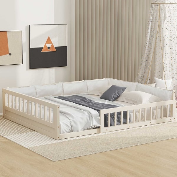 slide 2 of 9, Wood Full Size Upholstered Platform Bed with Guardrail & Pillow, Beige Beige