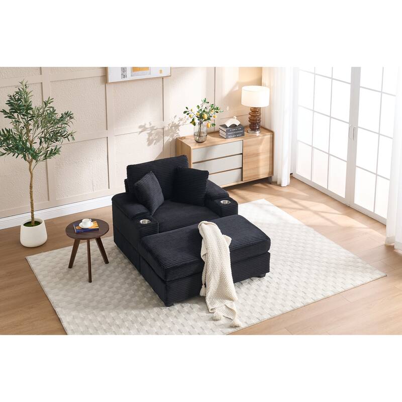 Corduroy Upholstered Chaise Lounge with Movable Ottoman, Living Room Storage Sofa Chair with Cup Holder, Detachable Cushions