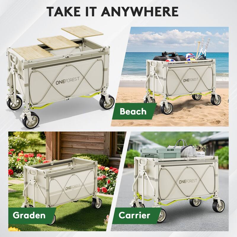 Foldable Camping Cart with Adjustable Handle, Bamboo Tabletop, Foldable storage, and Waterproof Oxford Canopy