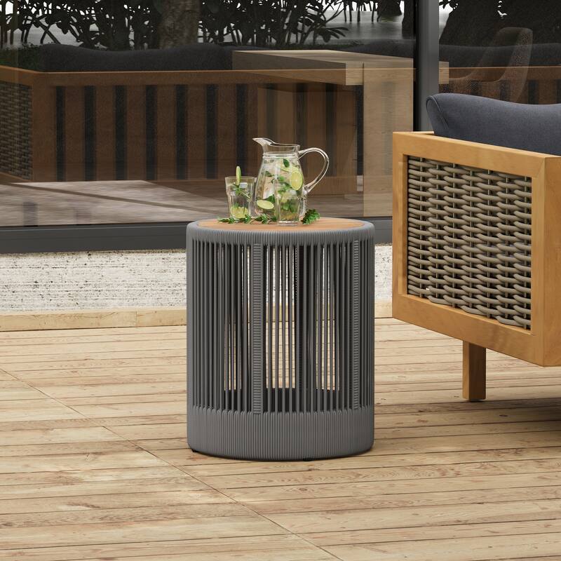 Roomfitters Round Outdoor Side Table, Acacia Wood and Rattan Rope Accent Table for Patio and Balcony - Grey,Teak