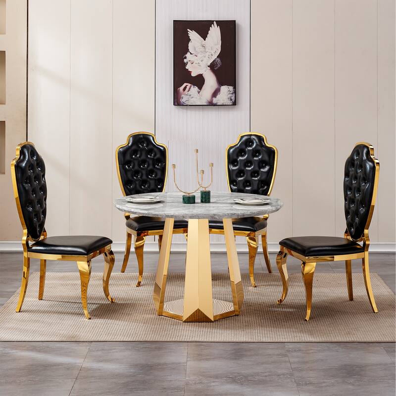 47" Round Dining Table with Faux Marble Tabletop and Stainless Steel Base - Grey+Gold