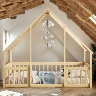 Wood House-Shaped Full Floor House Bed with Fence,Guardrails,Kids and Baby