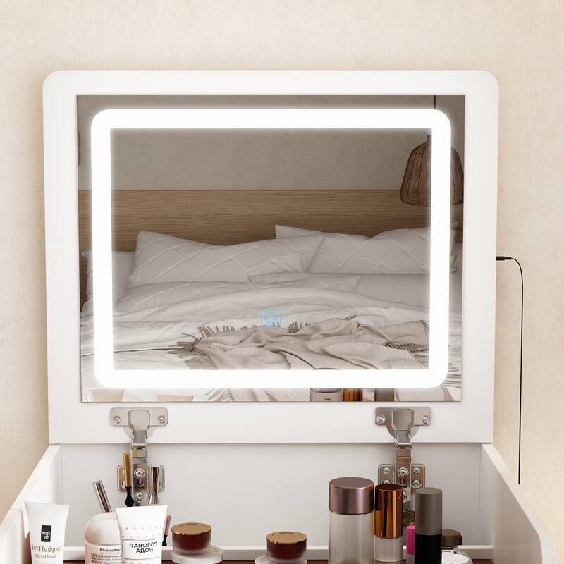 Space-Saving Vanity and Stool Set with LED-Lit Mirror Chest Dresser