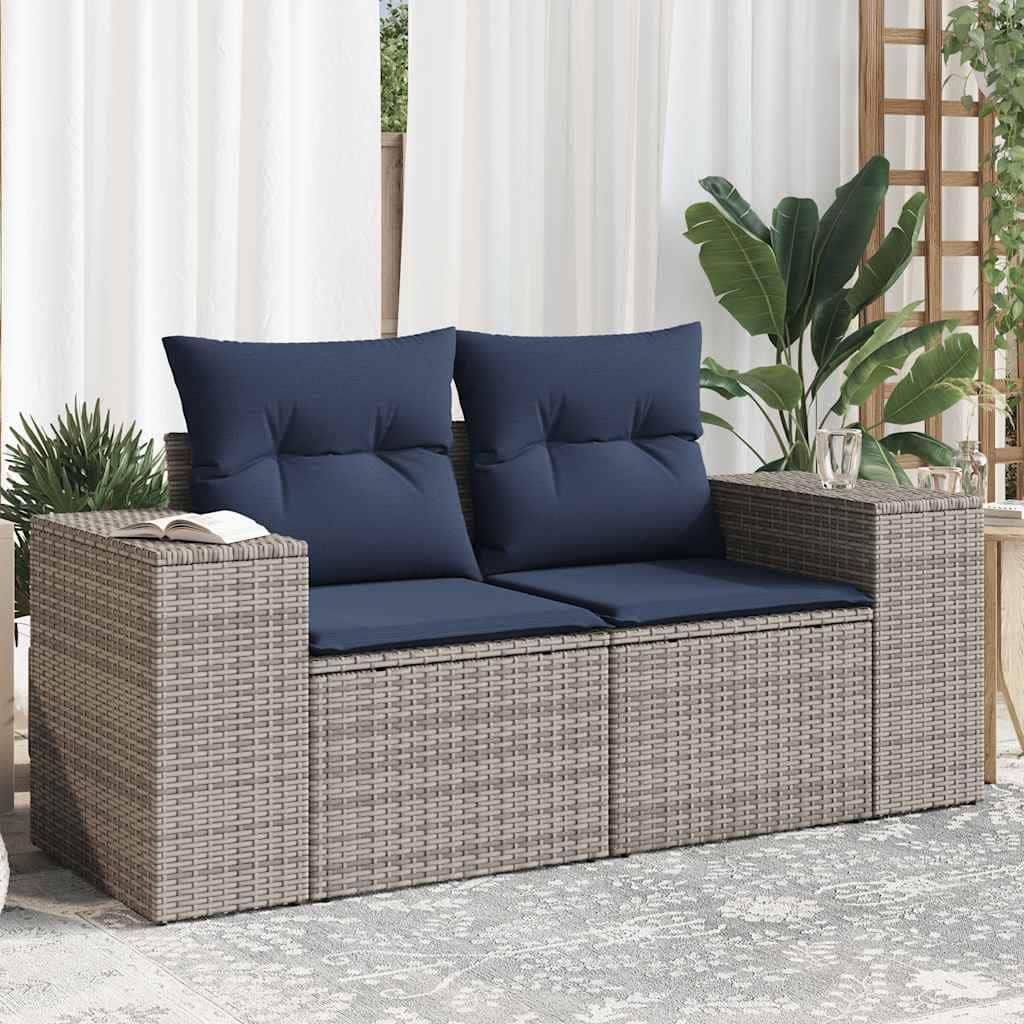 vidaXL Patio Sofa with Cushions 2-Seater Gray/Brown Poly Rattan - 73.2" x 24.4" x 27.2"