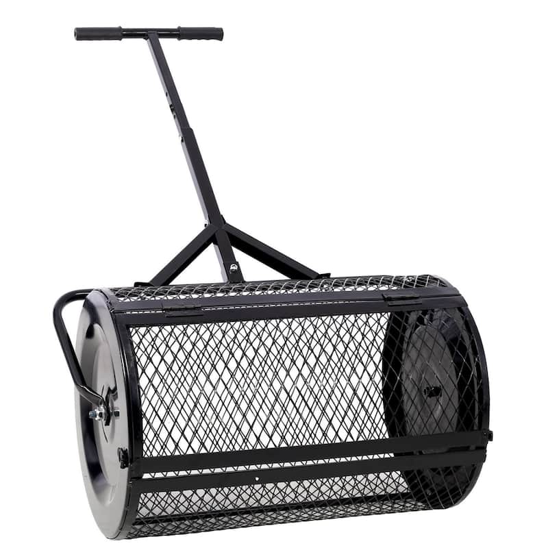 50 lbs. 24 in. Heavy Duty Metal Peat Moss Spreader with T Shaped Handle for Planting Seeding, Lawn and Garden Care - Black