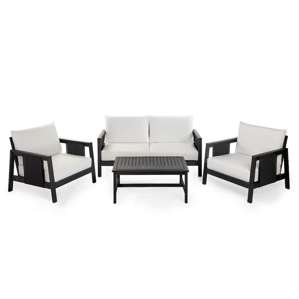 Christopher Knight Home - Arno Mid-Century Modern Outdoor Acacia Wood Sofa Seating Set with Cushions and Coffee Table