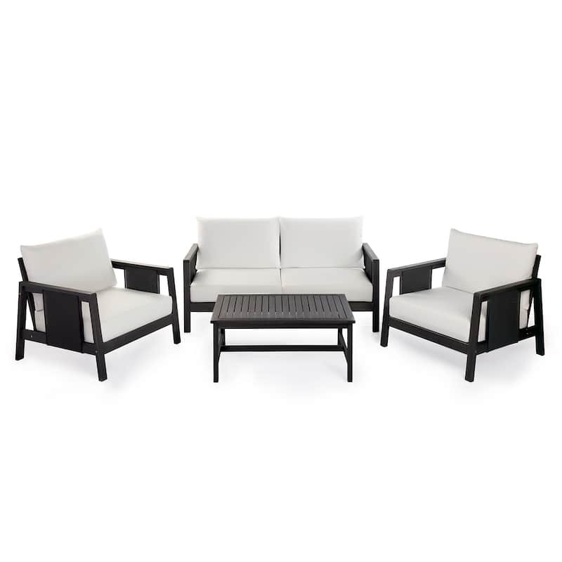 Christopher Knight Home - Arno Mid-Century Modern Outdoor Acacia Wood Sofa Seating Set with Cushions and Coffee Table