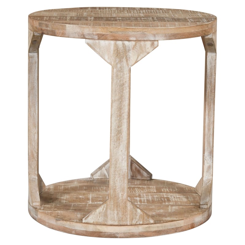 Two Tier Handmade Round End Table - 22" - Beige
