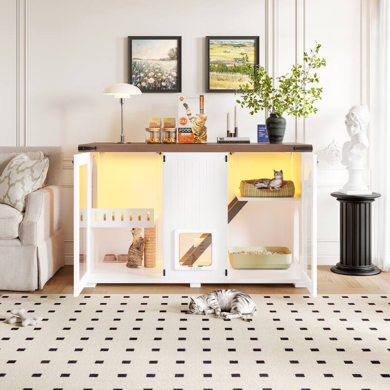 Anmytek Large Cat Litter Box Enclosure Furniture Hidden Cat House With LED Light Stairs Scratching Post Smart Doors