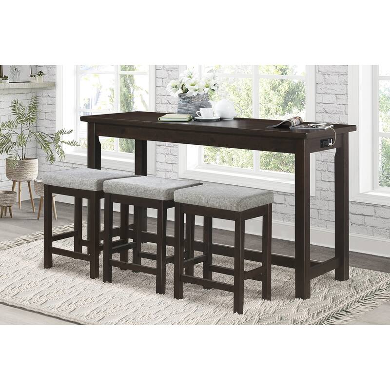 4pc Counter Height Dining Set Counter Height Table w Drawer Built-in USB Ports Power Outlets and 3 Stools Casual