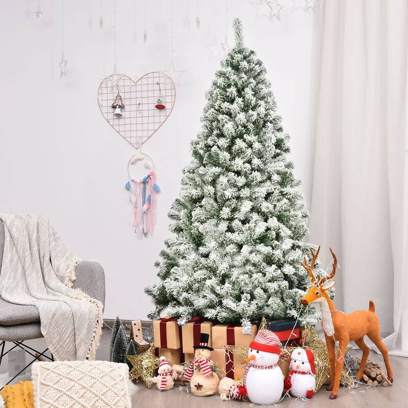 Gymax 6ft Snow Flocked Christmas Tree Hinged Artificial Pine Tree w/ - See Details