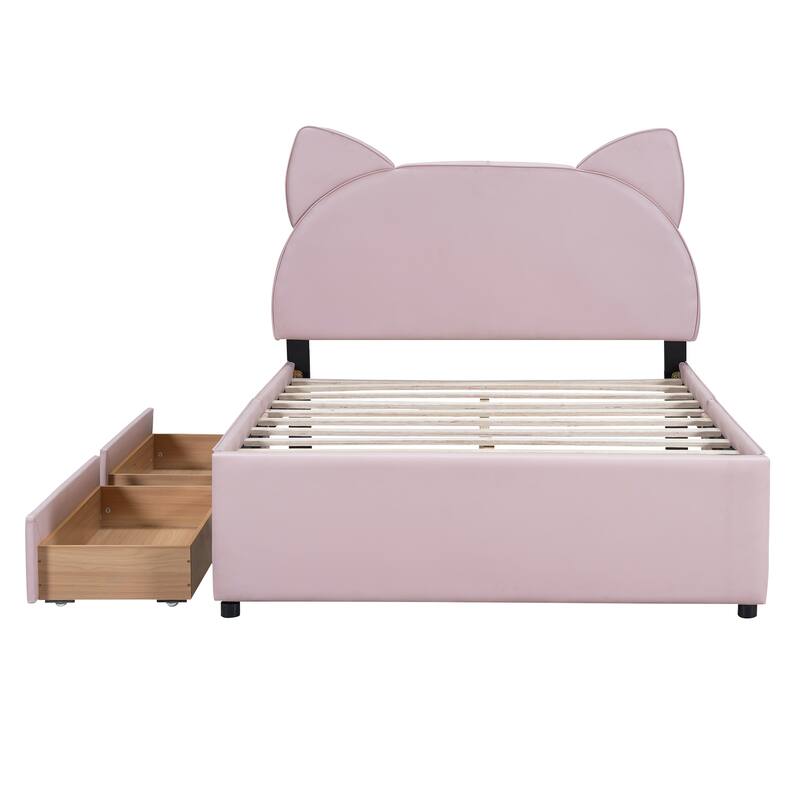 Upholstered Platform Bed with Cute Headboard and 2 Drawers