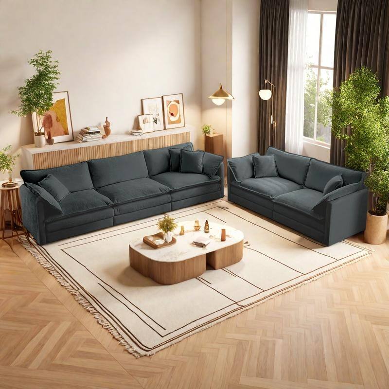 5-Seat Chenille Sofa Set (3-Seater + 2-Seater) with Deep Seats & Solid Wood Frame - Gray