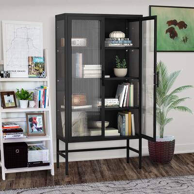 Double Glass Door Storage Cabinet with Adjustable Shelves