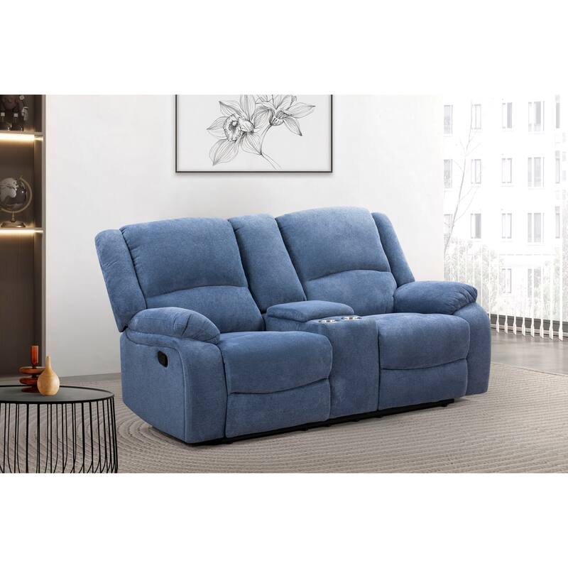 Roundhill Furniture Blitz Transitional Manual Reclining Loveseat, with Cup holders - Blue