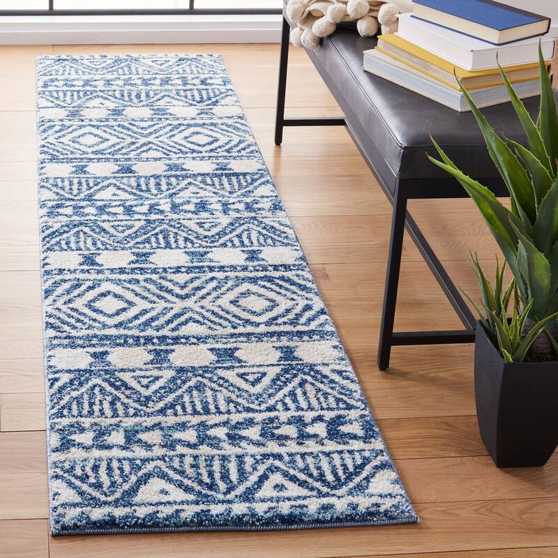 SAFAVIEH Tunisia Rilla Moroccan Rug - 2' x 8' Runner - Navy/Ivory
