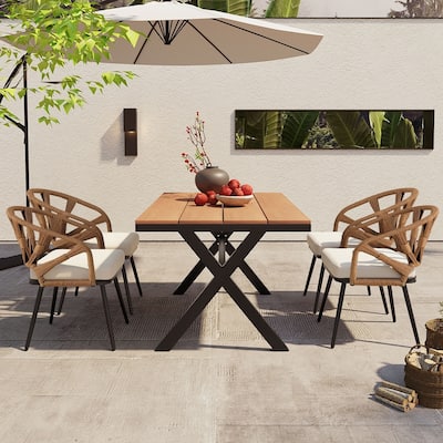 Contemporary Outdoor Set with PE Rattan Chairs and Plastic Wood Table,Suitable for Gardens and Lawns