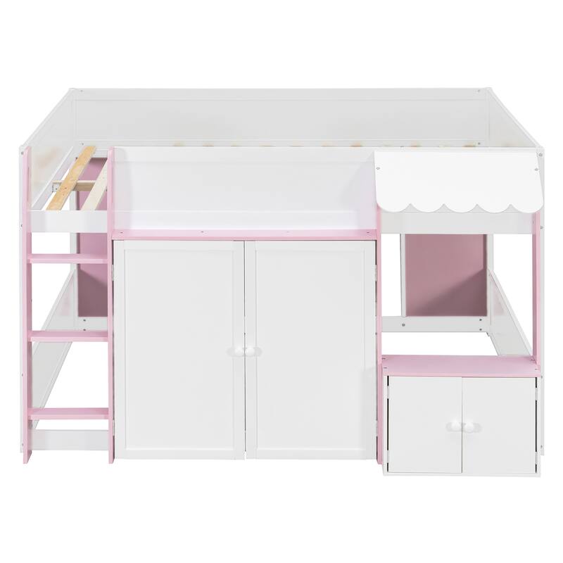 Full Size House Loft Bed Kids Playhouse Bed with Cabinets Secure Ladder Guardrails Cottage Style Canopy, Wooden House Bunk Bed