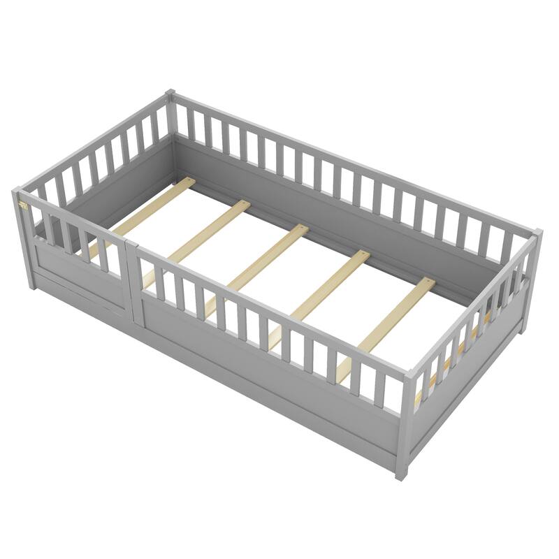 Children's Twin Floor Bed with Safety Guardrails & Door, Montessori Wooden Bed Frame for Bedroom Play Area