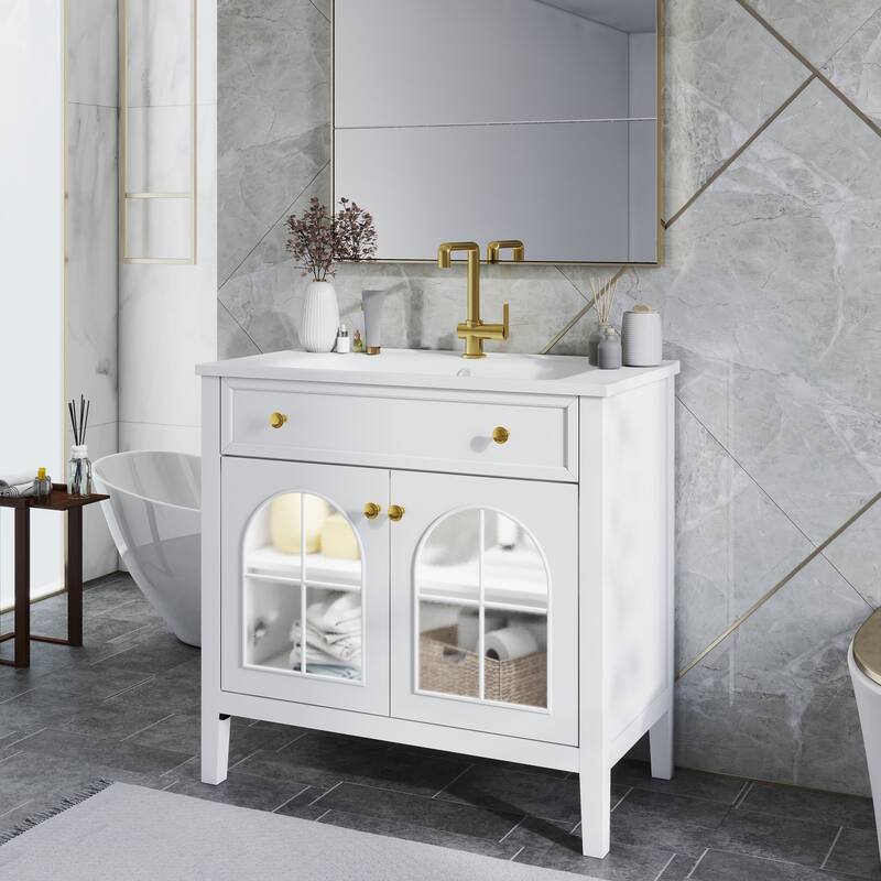 35.6" Mid-Century Bathroom Vanity Sink with Patterned Glass & Motion-sensor Light Strip, Freestanding