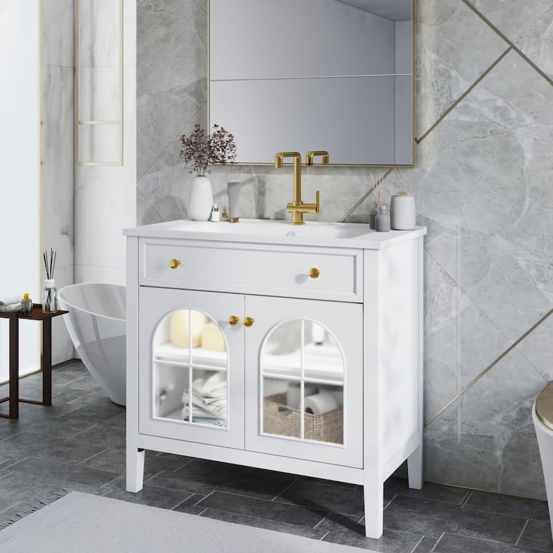 Modern Single Sink Bathroom Vanity Cabinet with Motion-sensor Light Strip & Patterned Glass, Ceramic Integrated Basin