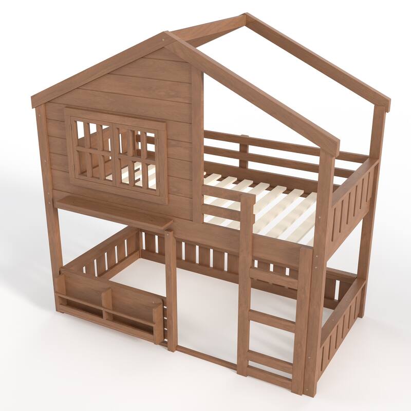 Full/Twin Bunk Bed with Bookshelf, House Design Loft Bed with Safety Fencing, High-Quality Kids Bed Frame