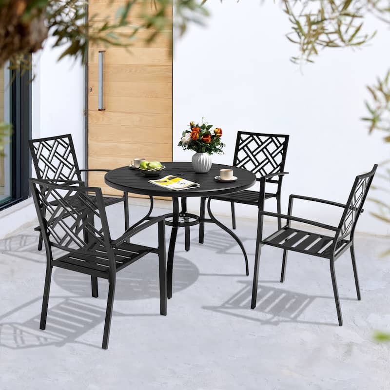 5-Piece Metal Patio Dining Set with Umbrella Hole, Stackable Design - Geometric Lattice Backrest