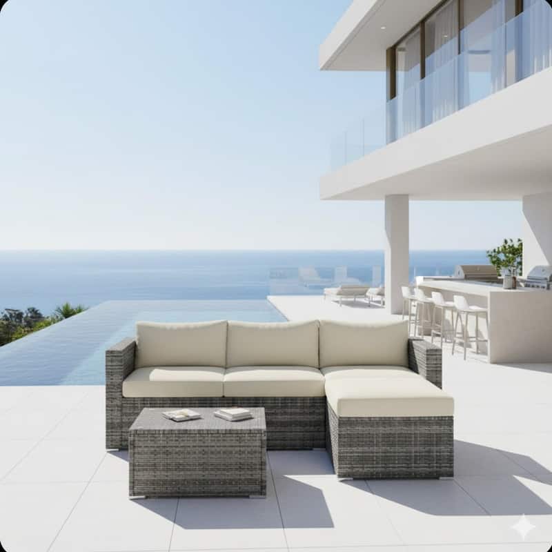 5-Piece Wicker Conversation Set with Beige Cushions and Glass Table